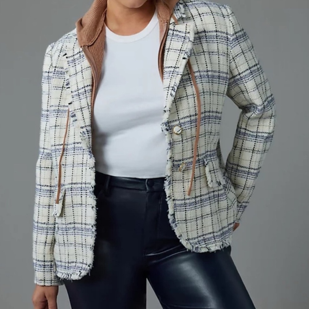 Anthropologie Plaid Tweed Hooded Blazer